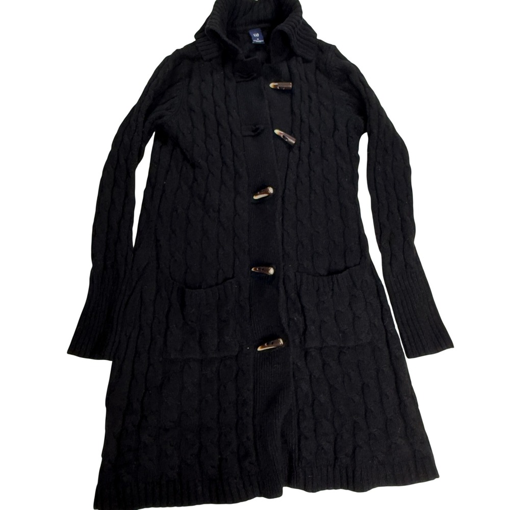 GAP Cable Knit Toggle Cardigan‎ Sweater Med Black Wool Cashmere Blend Long Coat